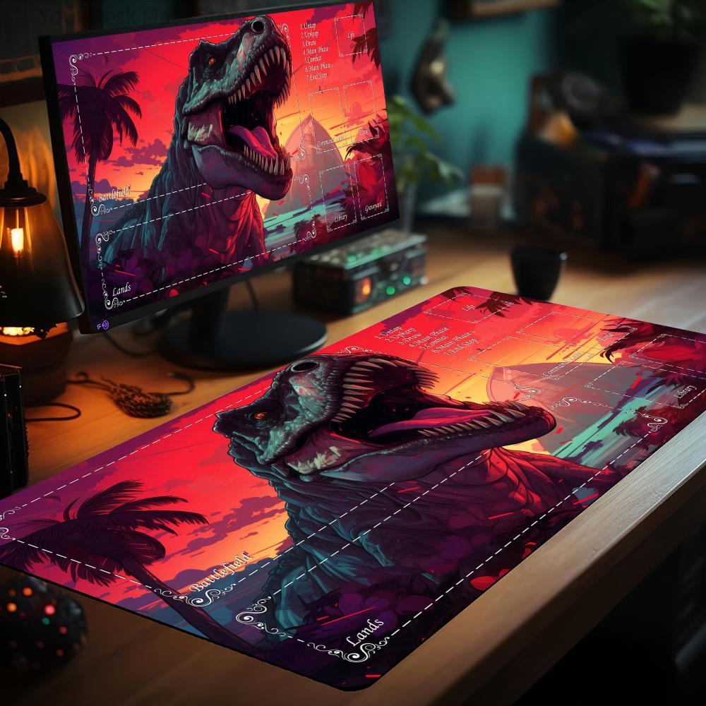 Door Mat Blank - ネオン風恐竜テーマMTGプレイマット、縫い目のある滑り止め加工のマジックカードバトルマット、マジックMTG卓上プレイマット