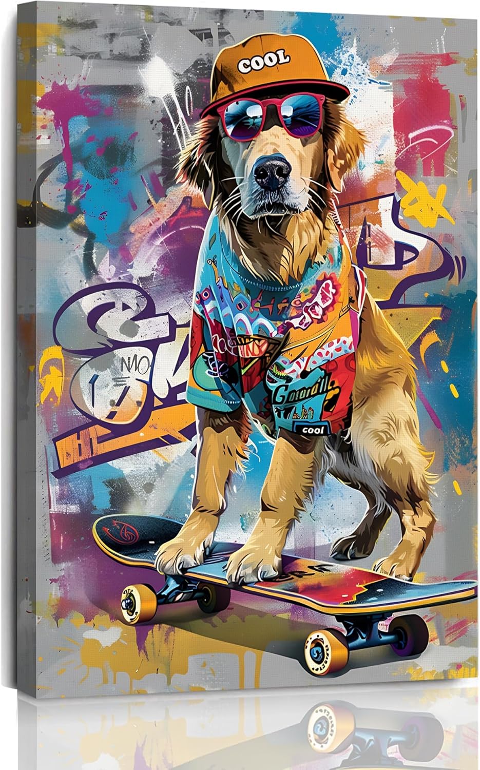 Canvas Wrap Ready - 1枚、ファンタジーアーティストによるカラフルなキャンバス犬のウォールアート、都会的なファッションアニマル絵画、子犬のプリント、ティーンの寝室にすぐに飾れる