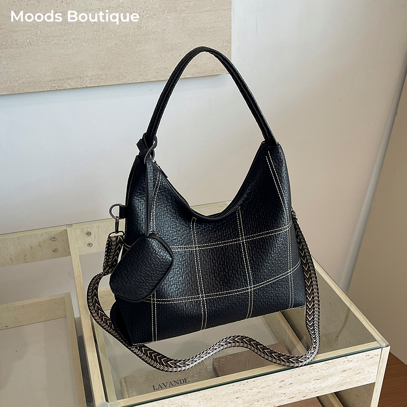 Tote Bag Sublimation - 大容量女性用ホーボートートバッグ ブラック コントラストステッチ チェック柄ショルダーバッグ 取り外し可能な幅広ストラップ クロスボディバッグ